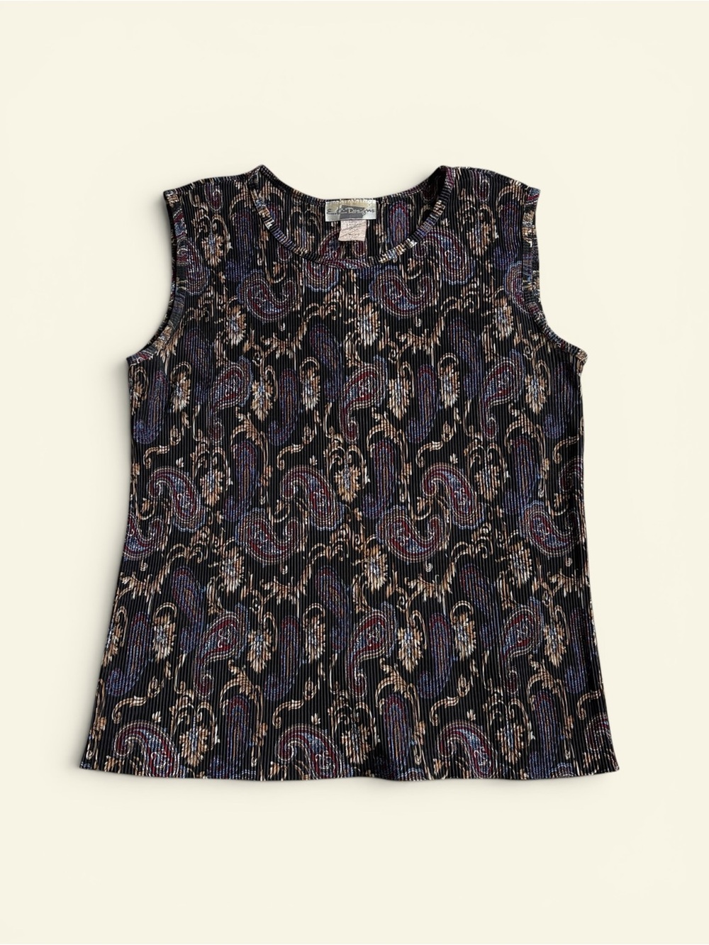 Vintage E.R. Designs Paisley Plisse Pleated Tank Top Women's Medium Y2K Black